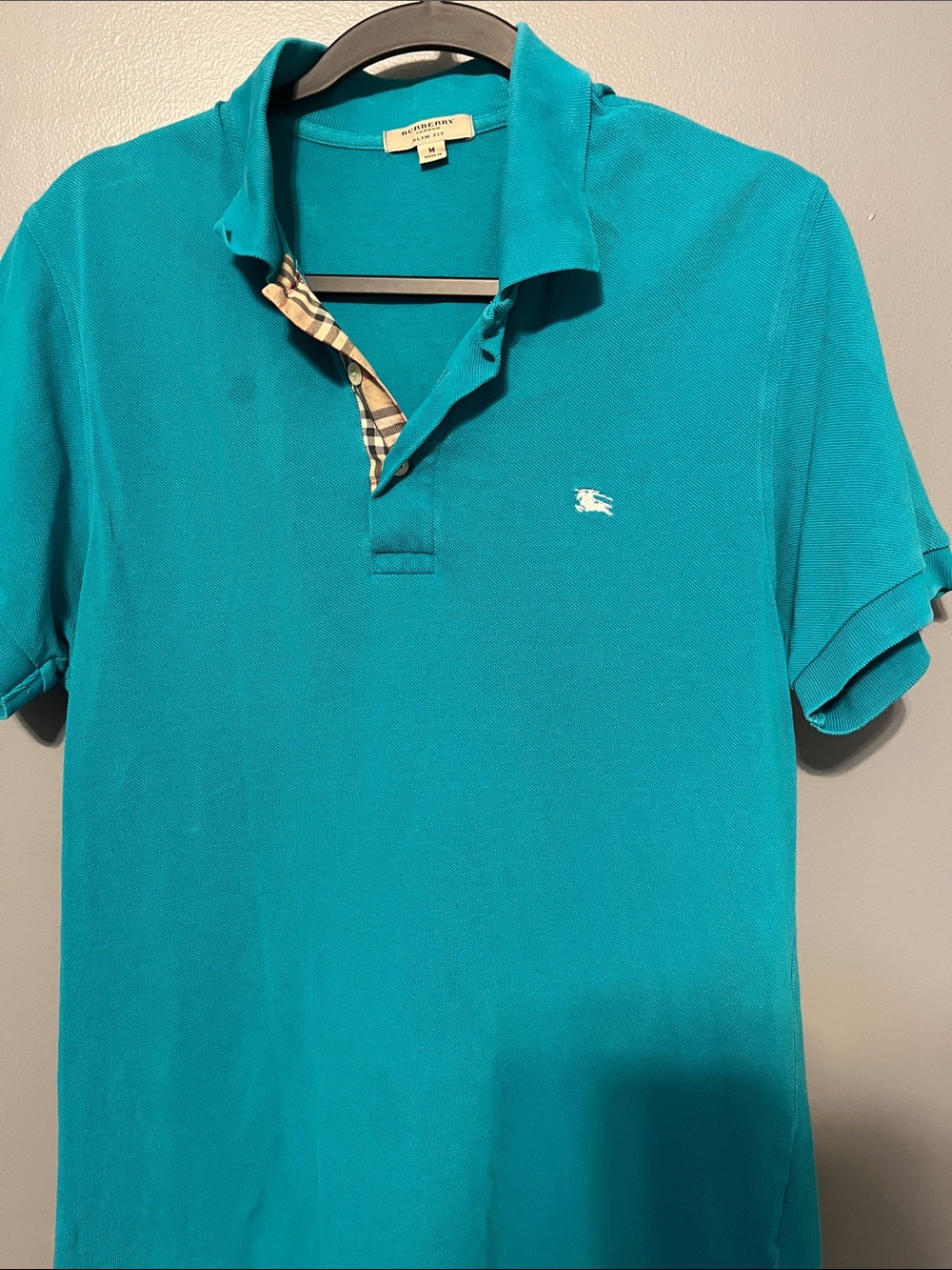 Burberry Teal Men's Polo with Signature Check Trim